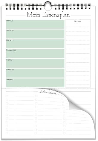 Menüplaner zum Aufhängen mit Einkaufsliste zum Abreißen / 52 Seiten für 1 komplettes Jahr/Platz für Notizen / A4-Format - Speißeplan für die ganze Woche. Geeignet für Familie, WG's