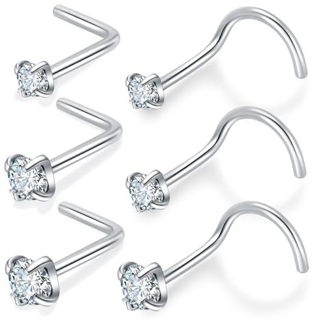 Gojewen 6stk Titan Nasenstecker 0,8mm Nasenpiercing Stecker L Spirale Silber Piercing Nase Stecker Schmuck Damen Herren