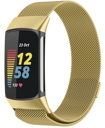 Wigento Für Fitbit Charge 6/5 Metall Stahl Mesh Armband mit Magnetverschluss Gold