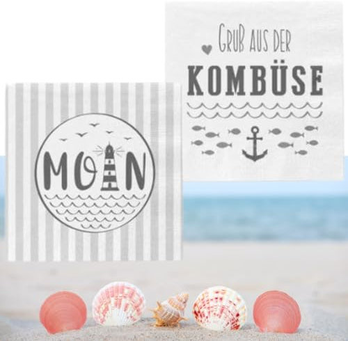 Bada Bing 2er Set mit 40 Stück Servietten mit Spruch MOIN - GRUß AUS DER KOMBÜSE - Moderne weiße Papierservietten als stilvolle Tischdeko - Tischdekoration - Maritime Party Deko Vintage