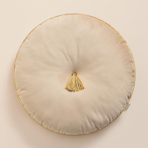 ROOM99 Allure Runde Kisse 45 cm Zierkisse Wurfkissen Dekokissen Plüschkissen Gefüllt Sofakissen für Sofa Bett Couch Pillow Wohnzimmer dekorative Velvet Samt mit Fransen Beige,1 Stück