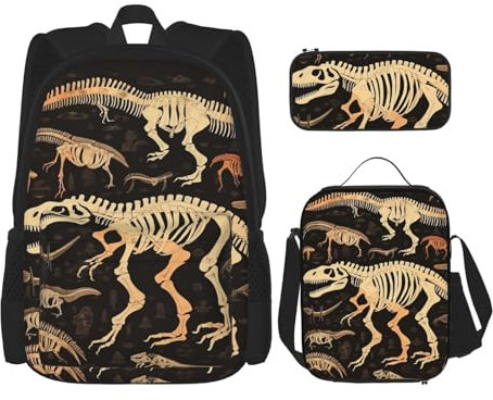 OUSIKA 3 Pcs Dinosaur Skeleton Print Print Backpack Sets Casual Daypack with Lunch Box Pencil Case for Women Men