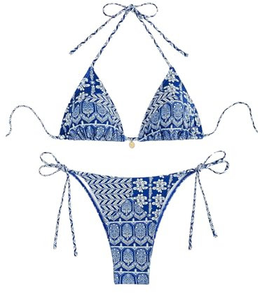 GORGLITTER Bikini Damen Set Triangel Bikini Mit Blumen Neckholder Bikini Set Boho Bikini Zweiteiler Badeanzug Bademode Blau S