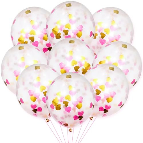 KOBOKO Rosa Luftballons Konfetti Geburtstag, 20 Stück Herz Luftballons Deko, Helium Ballons Gold Glitzer, für Mädchen Damen Hochzeit JGA Baby Party