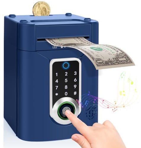 Highttoy Spardose Kinder, Elektronische Tresor Kinder mit Touchscreen und Fingerabdruck, Geldautomat Passwort Sparbox Sparschwein Kinder Geschenke Jungen 3-12 Jahre, Dunkelblau