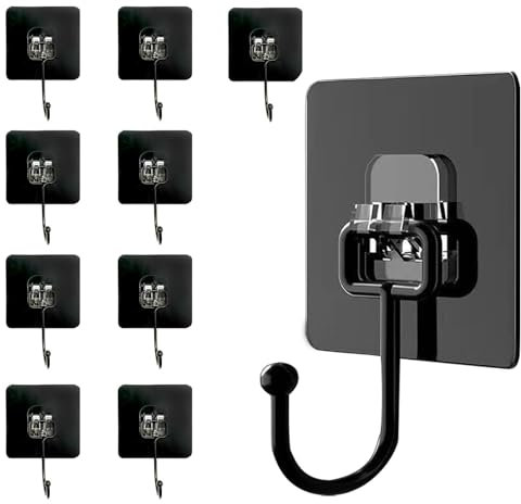 sundrerfect Ganchos Autoadhesivos - Paquete de 10 (Capacidad Máxima 50 kg) Ganchos Adhesivos Extra Fuertes Negros Impermeables y Sin Rastro para Baño, Techo, Pared, Cocina, Llaves, Ropa y Mochilas