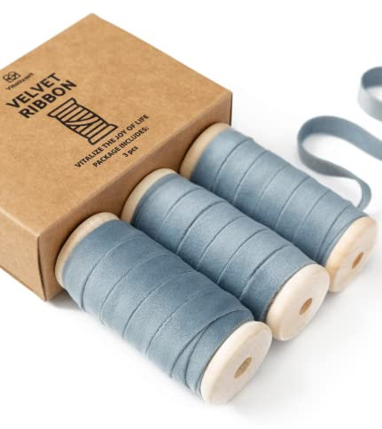 Vitalizart Staubig Blau Samtband Set 0,95 cm x 13,7 m mit Hölzernen Spule, Stoffband 3 Rollen*4,57 m für Weihnachten Kranz Dekoration Handgemachte Handwerk Ornamente & Geschenkverpackungen