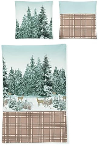 Irisette Feinbiber Bettwäsche Feel 135x200 cm Karo Bäume Rehe Winter 8537-80