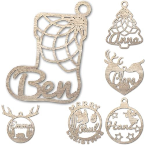 Urhome Personalisierte Ornamente mit Gravur - 22 Verschiedene Weihnachtskugel Motive aus Hell Braun Holz Christbaumschmuck Anhänger für Weihnachtsbaum Freunde Familie