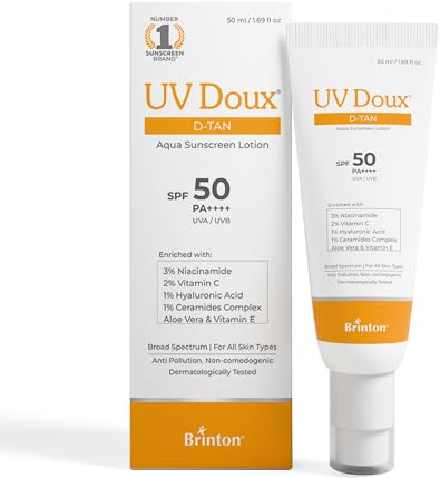 UV Doux D-Tan Aqua Sunscreen SPF 50 PA++++ | Niacinamide, Hyaluronic Acid & Ceramides | Broad Spectrum UVA & UVB Protection Perfect for Sensitive, Oily & Acne-Prone Skin | 50ml/1.76oz.