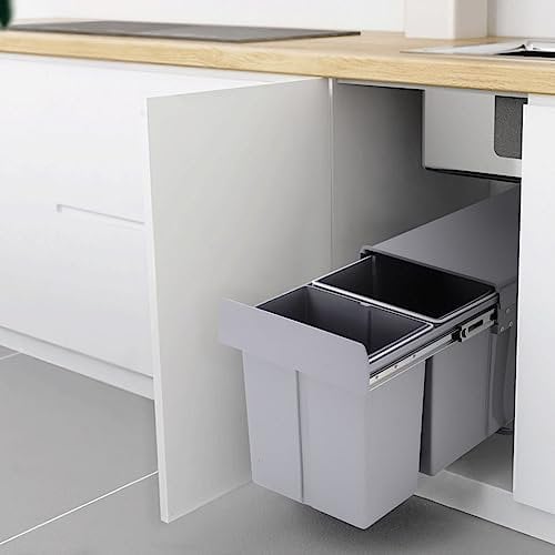 XEMQENER 30L Kitchen Pull out Bin with Sliding Buffer Kitchen Cupboard Waste Dust Bin Recycle Bin for 300-400mm Wide Cabinet