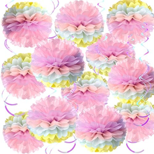 SUNBEAUTY 12 Stück Pastell Seidenpapier Pompons Deko Pastell Aufhängen Geburtstagsdeko Deko Bunte Papier Pompons für Hochzeit Geburtstagsdeko Tischdeko Baby Shower Frühling Sommer Deko