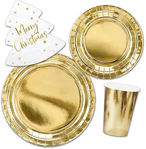 Decoraparty Juego de vajilla de Navidad dorado, adornos de mesa dorados desechables para 6 personas, para fiestas navideñas navideñas, 6 platos grandes, 6 platos pequeños, 20 servilletas, 6 vasos
