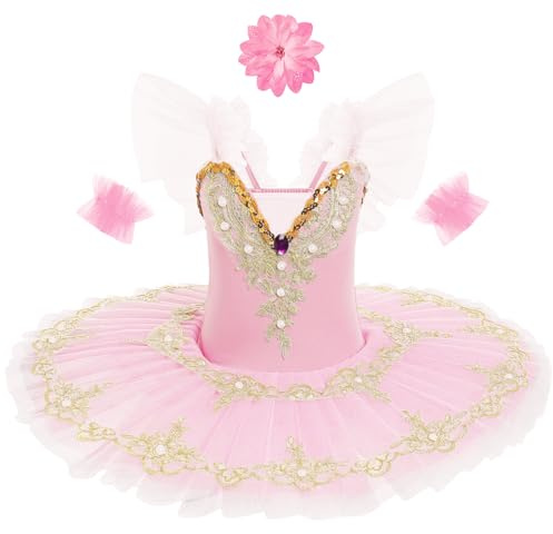 Odizli Ballerina Costume for Girls Flutter Sleeve Lace Pearl Embroidered Tulle Tutu Ballet Dress + Hair Clip + Armbands