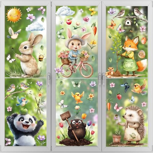 Kangtaixin Fensterbilder Frühling Kinder Selbstklebend – 9 Blätter Fenstersticker mit Kleintiere, Wiederverwendbare Fensteraufkleber für Kinderzimmer, Fensterdeko, Frühlingdeko, Sommer Deko