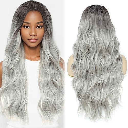 PARXITN Lange Wellige Synthetik Perücke 60cm Lace Front Mittelscheitel Natürliche Haar Perücke Dunkle Wurzel bis Grau Tägliche Party Cosplay Tragen Perücken Damen