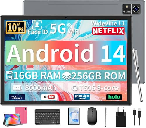 YLEEBG Tablet Android 14 da 10 pollici con tastiera, 16 GB RAM, 256 GB (1 TB espandibile), Octa-Core, 8000 mAh, doppia fotocamera, Wi-Fi dual band, 2 in 1 con tastiera, custodia, mouse e penna (rosa)