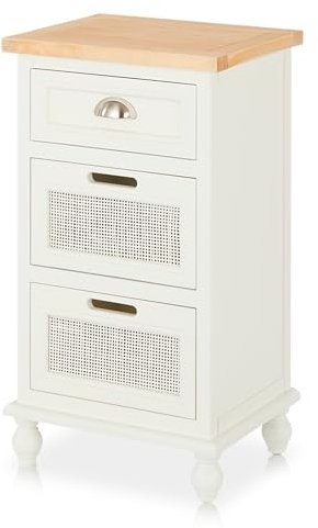 KHG Kommode klassisch Massivholz Kiefer Abdeckplatte Schubkasten Holzwerkstoff mit Metallgriff 2 Schubladen mit Rattangeflecht runde Holzfüße