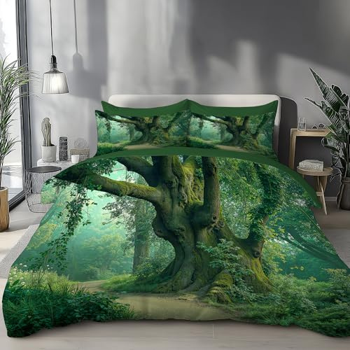 DLERFLOVR Uralter Wald Bettwäsche 135x200cm 2teilig Bettdeckenbezug - Hoch Aufragende Bäume Bettwäsche Set mit 1 Kissenbezügen 80x80 cm, Bettbezug Set mit Reißverschluss, Bügelfrei und Weich