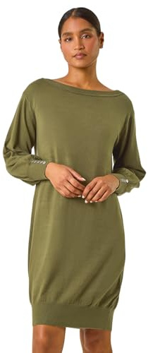 Roman Originals Knitted Jumper Dress for Women UK Ladies Stretchy Knit Knitwear Autumn Winter Casual Smart Pull On Work Long Sleeves Slouch Above Knee Short Length - Khaki - Size 18