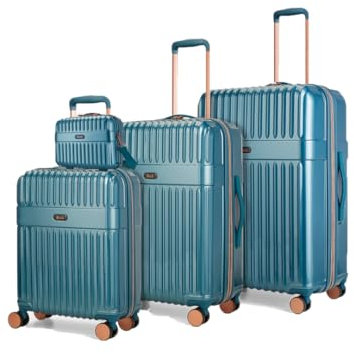 Rock Selene Set of 4 Hard Shell Suitcases in Blue - Elegant Design, 360 Swivel-Wheels, Telescopic Handle, Metallic Finish, Copper Accents & TSA Combination Lock - Small, Medium, Large & Vanity