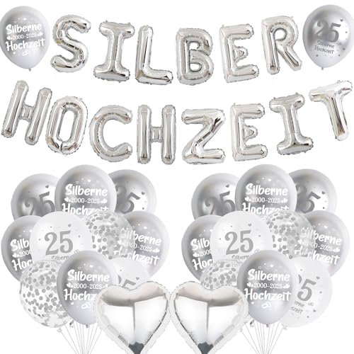 Xietaea Silberhochzeit Deko Luftballons Set - 40 Stück 25 Hochzeitstag Dekoration Silber Weiß Ballons, Folienballon und Konfettiballons zum 25. Jubiläum Silberne Hochzeit Party
