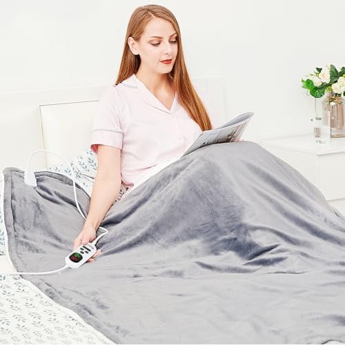 Heizdecke mit Abschaltautomatik, 130x180cm 10 Heizstufen 1~9 Stunden Auto-Off-Timer Überhitzungsschutz, Elektrische Wärmedecke Bett Wärme Decke ETL für Home & Office Schnelle Flanell Waschbar, Grau