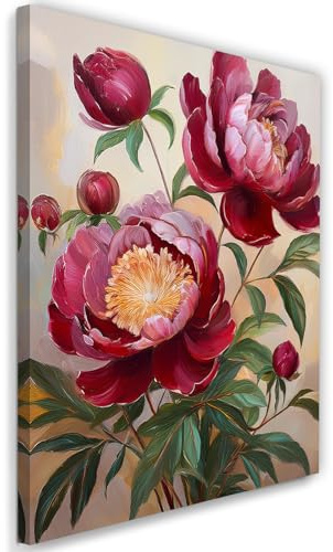 Feeby Leinwandbild - Bilder Wohnzimmer - Rote burgunderfarbene Pfingstrosenblüte - 40x60 1tlg - Deko Schlafzimmer - Wanddekoration - Aesthetic - Groß Moderne Bild - Foto auf Leinwand