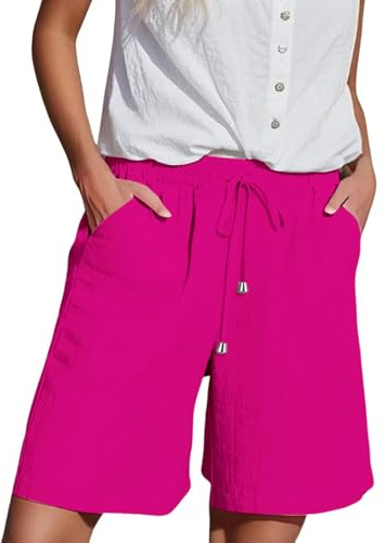 Pantaloncini da donna in lino in cotone casual estivi con tasche corte pantaloni elastici in vita con coulisse bermuda quotidiani pantaloncini medi lunghi leggeri pantaloni corti larghi comodi, Rosa