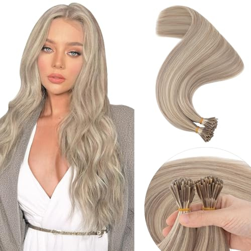 Elailite Pre Bonded I Tip Stick Tip Hair Extensions Real Human Hair - Keratin Hair Extension 100% Remy Hair Straight 100 Strands (#18Y/613 Ash Blonde Mix Bleach Blonde, 20 inch-50g)