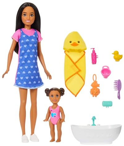 Barbie Skipper Babysitters Inc Fashion Doll, Playset and Accessories | Brunette Doll and Toddler Doll, Bathtub Playset Including 6 Accessories, JJB43