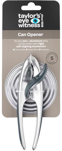 Premium 2-in-1 Manual Can Opener - Taylors Eye Witness, Easy to Use Tin Opener, Kitchen Gadget Made with Built-in Bottle Opener, Sturdy Zinc Aluminum Construction with Silver & Graphite Colouring