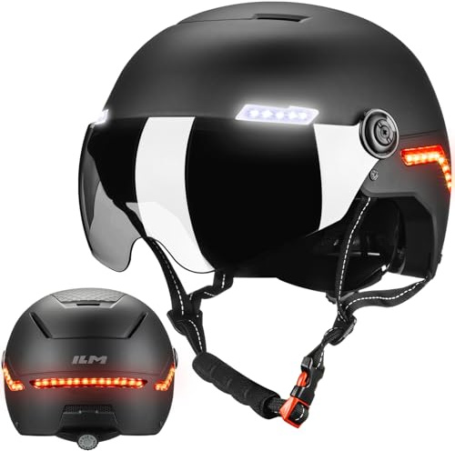 ILM Smart Fahrradhelm Herren Damen mit Licht MB101L | NTA-8776/CPSC/EN1078/ASTM,G-Sensor Blinker, Bremswarnung,abnehmbares Visier,LED-Leuchten vorne,seitlich und hinten