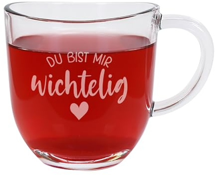 Herz & Heim® Leonardo Glastasse mit Gravur – Du bist mir wichtelig – Teeglas 280 ml – Geschenkidee zu Weihnachten