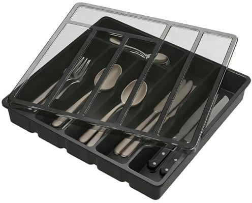 Vunanvu Besteckkasten mit Deckel Besteck Aufbewahrung mit 6 Fächern Besteckkoffer Leer für Silberbesteck Schublade Staubdichte Besteckbox Besteckaufbewahrung Besteck Organizer 32x30x5.4cm, Schwarz