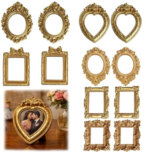 12 Stück Mini Bilderrahmen Gold Set, Vintage Barock Fotorequisiten | Miniatur Bilderrahmen Deko, Kleine Rahmen für Basteln, Schmuck Display, Hochzeit Tischdeko, DIY Zubehör für Junge Mädchen