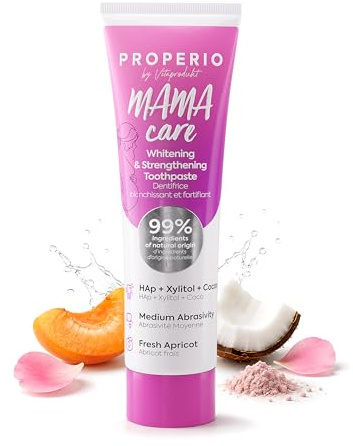 PROPERIO MAMA care Stärkende und Aufhellende Zahnpasta Ohne Fluorid, Hydroxylapatit Zahnpasta mit Xylit und Panthenol, sanfte Reinigung für Schwangerschaft & Stillzeit, Aprikosengeschmack, 100 ml