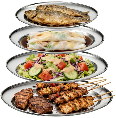GOMETY 4 Stück Edelstahl Servierplatten Oval, Hochglanzpoliert Serviertablett, Servierteller Kellnertablett für Snacks, Beilagen, Grillfleisch, Gemüse und Fisch, Größen 26cm 30cm 35cm 40cm (4P)
