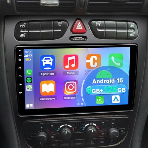 Autoradio für Mercedes Benz C-Klasse W203 C200 C320 C350 CLK W209 2000-2005 | 6+128G 8 Core Android 15 9 Zoll Touchscreen Auto Stereo Display Radio GPS Navi Head Unit mit Carplay Android Auto FM RDS
