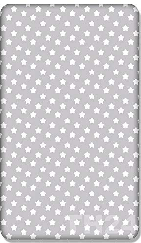 Babymam 100% Cotton 160x80cm Cot Sheets With Printed Design for Baby Junior Travel Cot Bedding Cotbed Sheet Toddler Bed (Big White Stars on Grey Background)