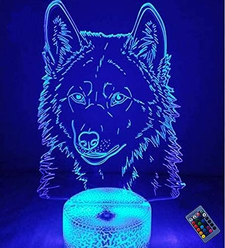 YTDZLTD Kreatives 3D-Wolf-Nachtlicht, 16 Farben, wechselnde USB-Fernbedienung, Touch-Schalter, Dekor-Lampe, optische Täuschung, LED-Tischlampe, Schreibtischlampe, Kinder, Weihnachten