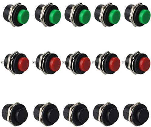 RUNCCI-YUN 15Pcs SPST interruptor a pulsador redondo, 12V del interruptor pulsador momentáneo,Lockless Botón interruptor(16mm AC 6A/125V 3A/250V)