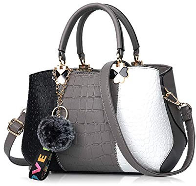 NICOLE & DORIS 2025 Neue Frauen Tasche Damen Leder Handtasche Mode Umhängetasche Mit Pompon abnehmbarem Schultergurt Handtasche Dunkelgrau