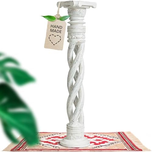 livasia gedrehte Deko Holzsäule 100cm – Antik-Look Podest, Blumensäule, Dekosäule aus Albiziaholz – Balinesische Handwerkskunst, Nachhaltig und Einzigartig (Weiß)