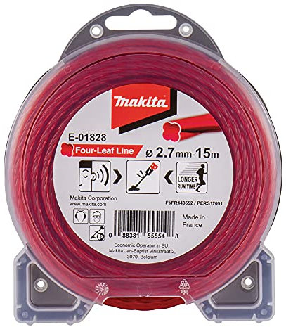 Makita E-01828 Mähfaden Four-Leaf 2,7 mm x 15 m, Trimmerfaden, Nylon, rot, geräuschreduziert, erhöhte Laufzeit, speziell für Akku-Rasentrimmer und Akku-Freischneider