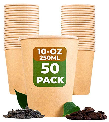 Beeleeve [50-Pack to-Go-Kaffee und Teebecher Kompostierbar - Öko - Biologisch abbaubar - Einweg-Einwegbehälter für Büro, Party, Hochzeitsgetränke - Braunes Kraftpapier, PLA-Beschichtung(250ml/10oz)