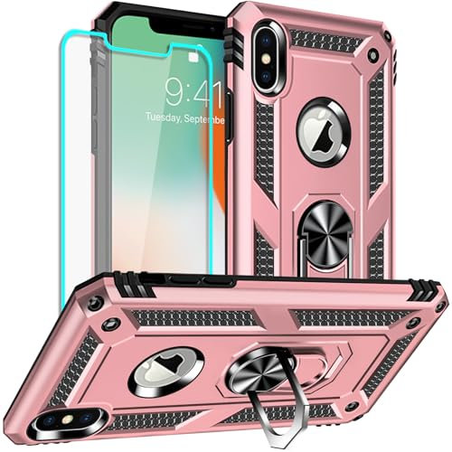 Yiakeng Cover iPhone X, Cover iPhone XS con Proteggi Schermo, Custodia Slim Silicone Armour Bumper Antiurto Telefono Case per iPhone X/XS (Oro Rosa)
