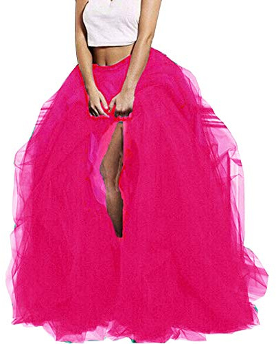 Lisong Women Maxi Tulle Floor Length Layered High Waist Spectial Occasion Skirt S Fushia