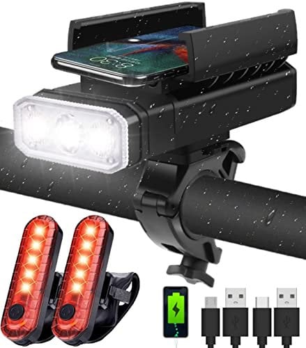 Super Strong Bicycle Light Combo with Phone Holder and Battery Indicator, Rechargeable LED Bike Light Set, Cycling Front and Rear Lamp, Waterproof, Power Bank and Phone Holder