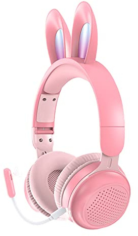 Yunseity Kinderkopfhörer, Bluetooth 5.0-Kopfhörer mit Hasenohr, Over-Ear-LED-Licht, Faltbares Kabelloses Headset, Unterstützung von TF/AUX, Geschenke für Kinder, Kleinkinder, Teenager(Rosa)